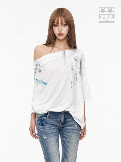 3MODE White Ink Wash Gradient Print Asymmetric Shoulder Women&