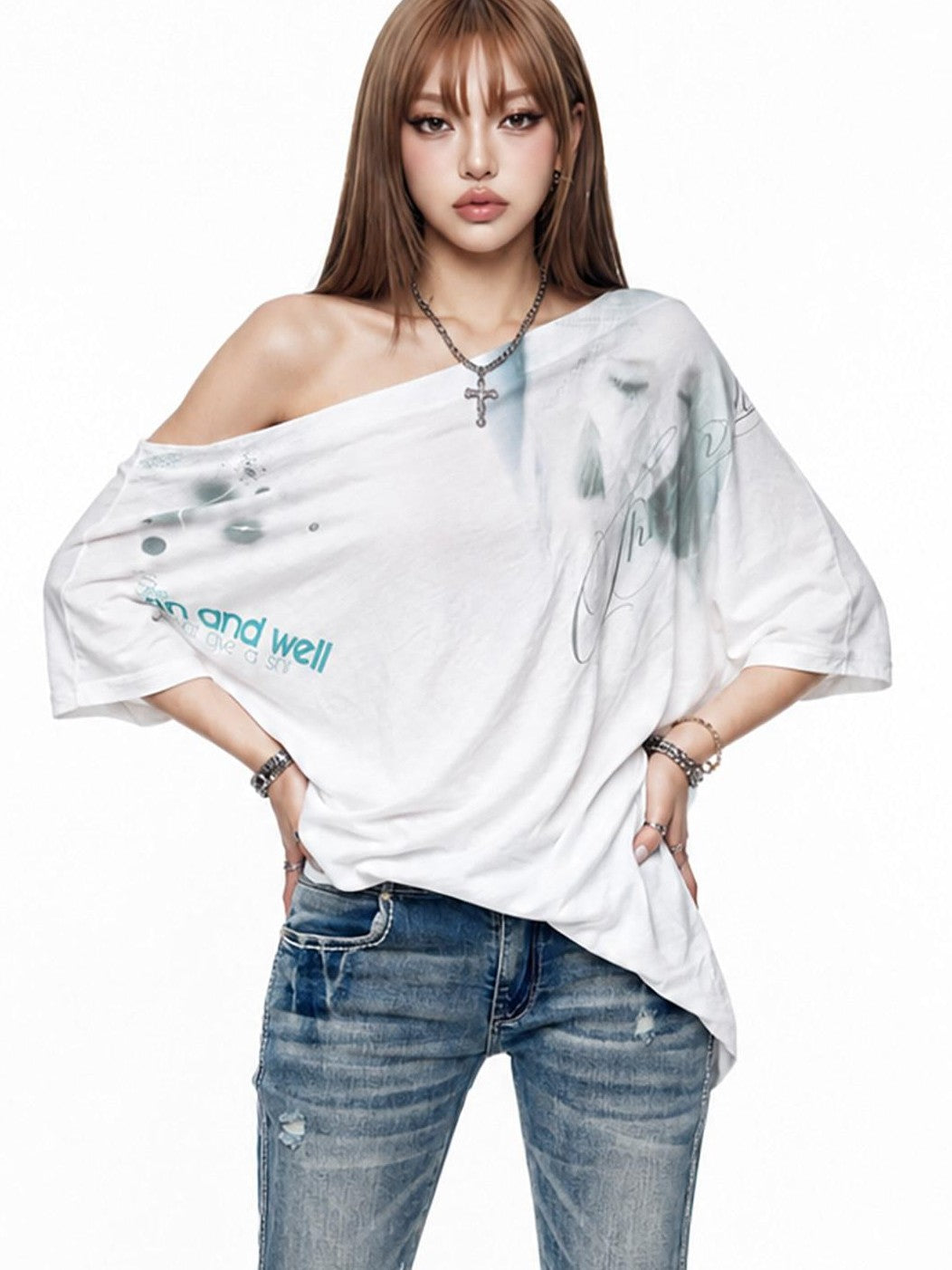 3MODE White Ink Wash Gradient Print Asymmetric Shoulder Women&