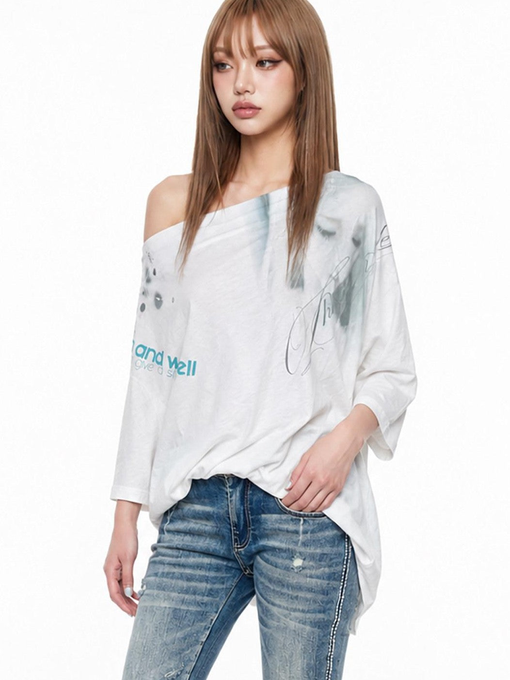 3MODE White Ink Wash Gradient Print Asymmetric Shoulder Women&