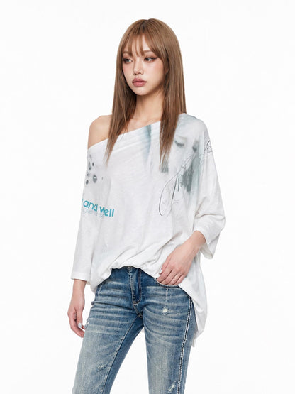 3MODE White Ink Wash Gradient Print Asymmetric Shoulder Women&