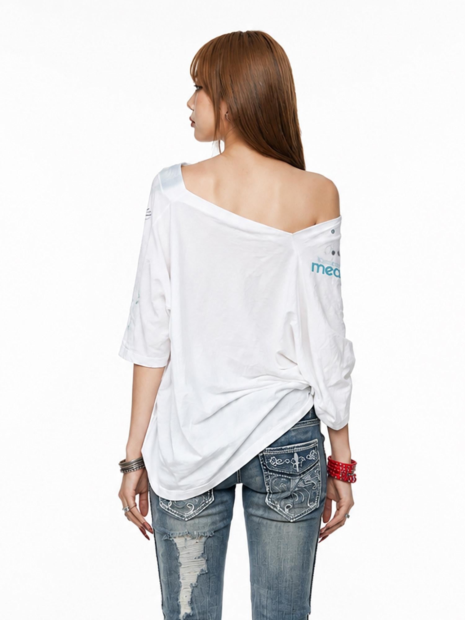 3MODE White Ink Wash Gradient Print Asymmetric Shoulder Women&