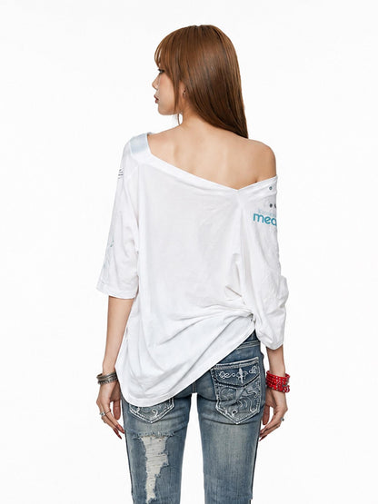 3MODE White Ink Wash Gradient Print Asymmetric Shoulder Women&