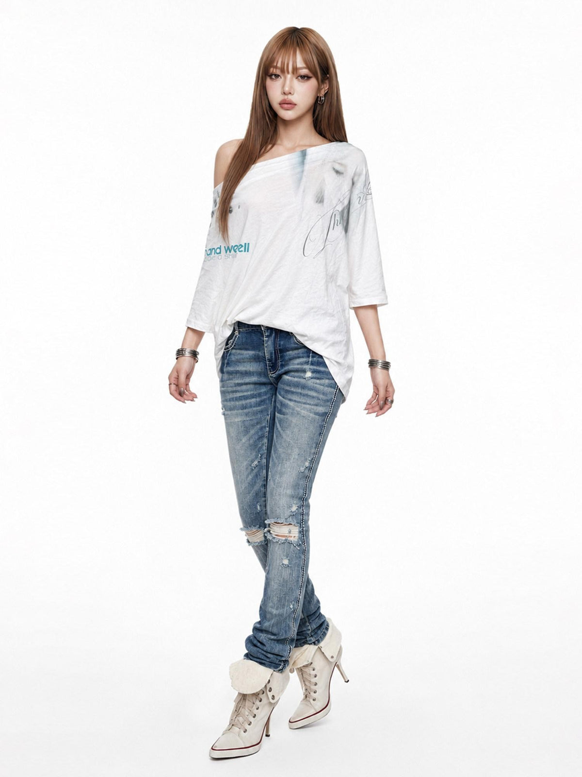 3MODE White Ink Wash Gradient Print Asymmetric Shoulder Women&