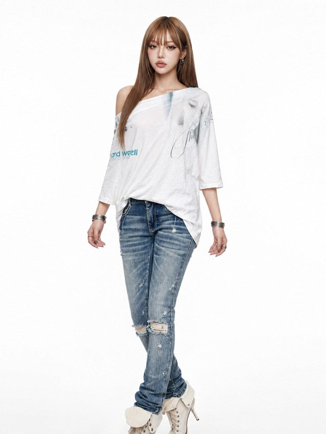 3MODE White Ink Wash Gradient Print Asymmetric Shoulder Women&