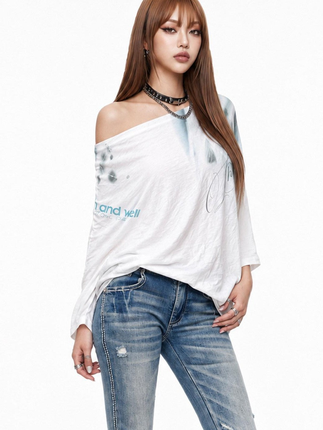 3MODE White Ink Wash Gradient Print Asymmetric Shoulder Women&