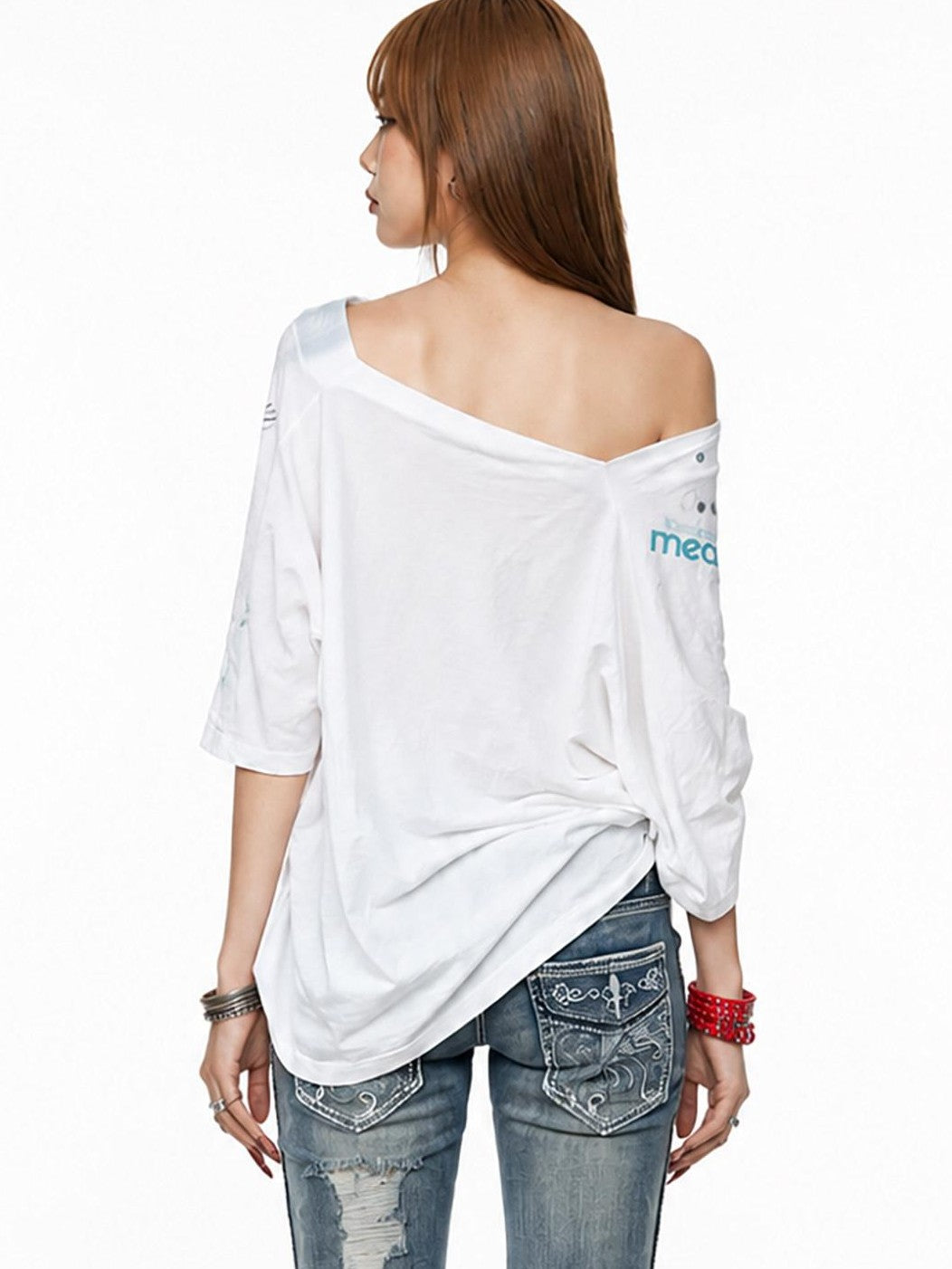 3MODE White Ink Wash Gradient Print Asymmetric Shoulder Women&