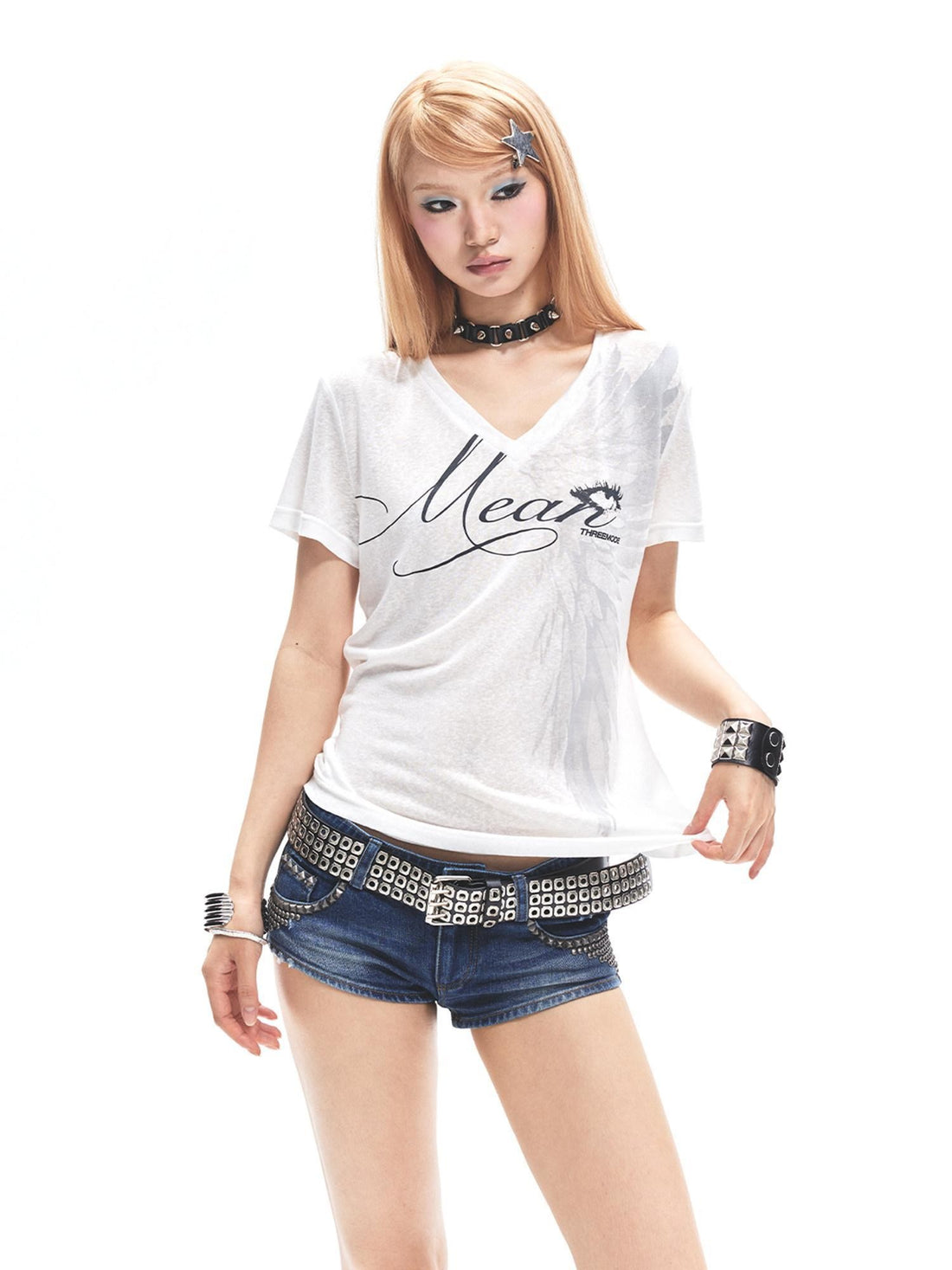 3MODE White Letter Print Asymmetric Shoulder V-neck Women&