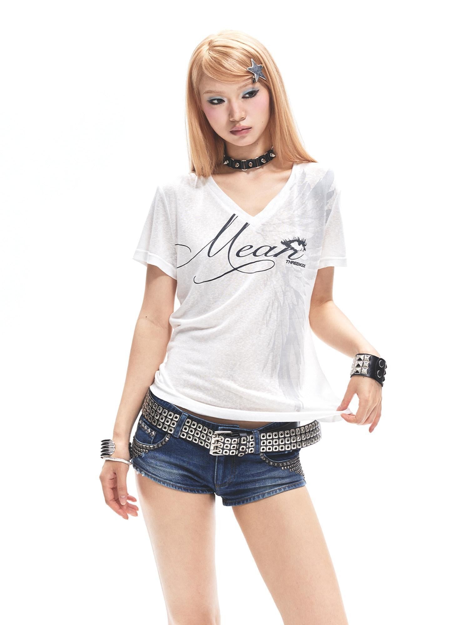 3MODE White Letter Print Asymmetric Shoulder V-neck Women&