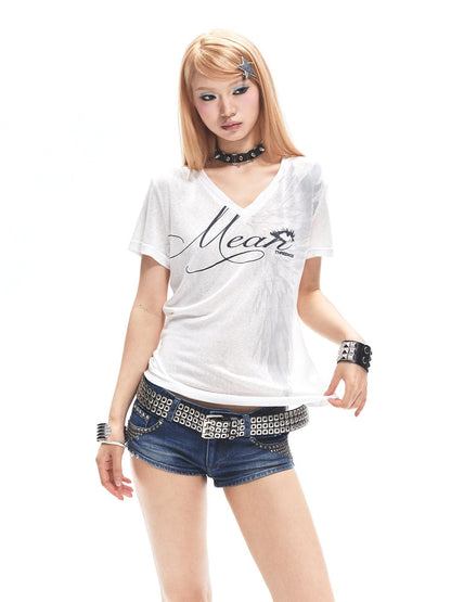 3MODE White Letter Print Asymmetric Shoulder V-neck Women&