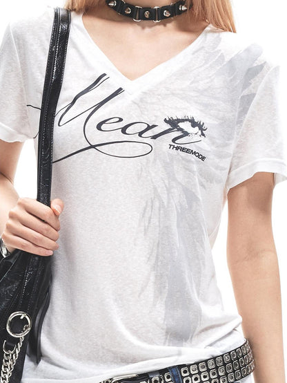 3MODE White Letter Print Asymmetric Shoulder V-neck Women&