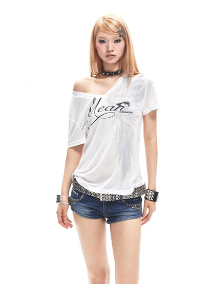 3MODE White Letter Print Asymmetric Shoulder V-neck Women&
