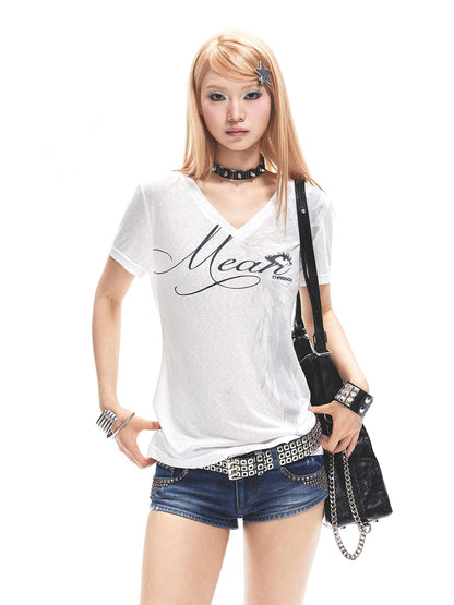 3MODE White Letter Print Asymmetric Shoulder V-neck Women&