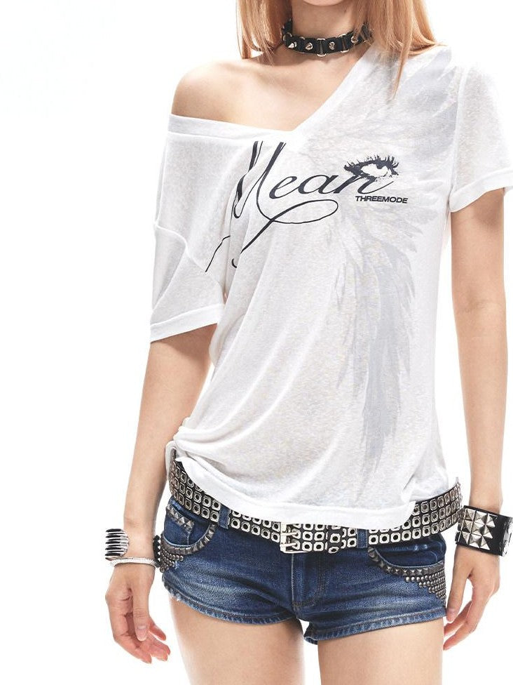 3MODE White Letter Print Asymmetric Shoulder V-neck Women&