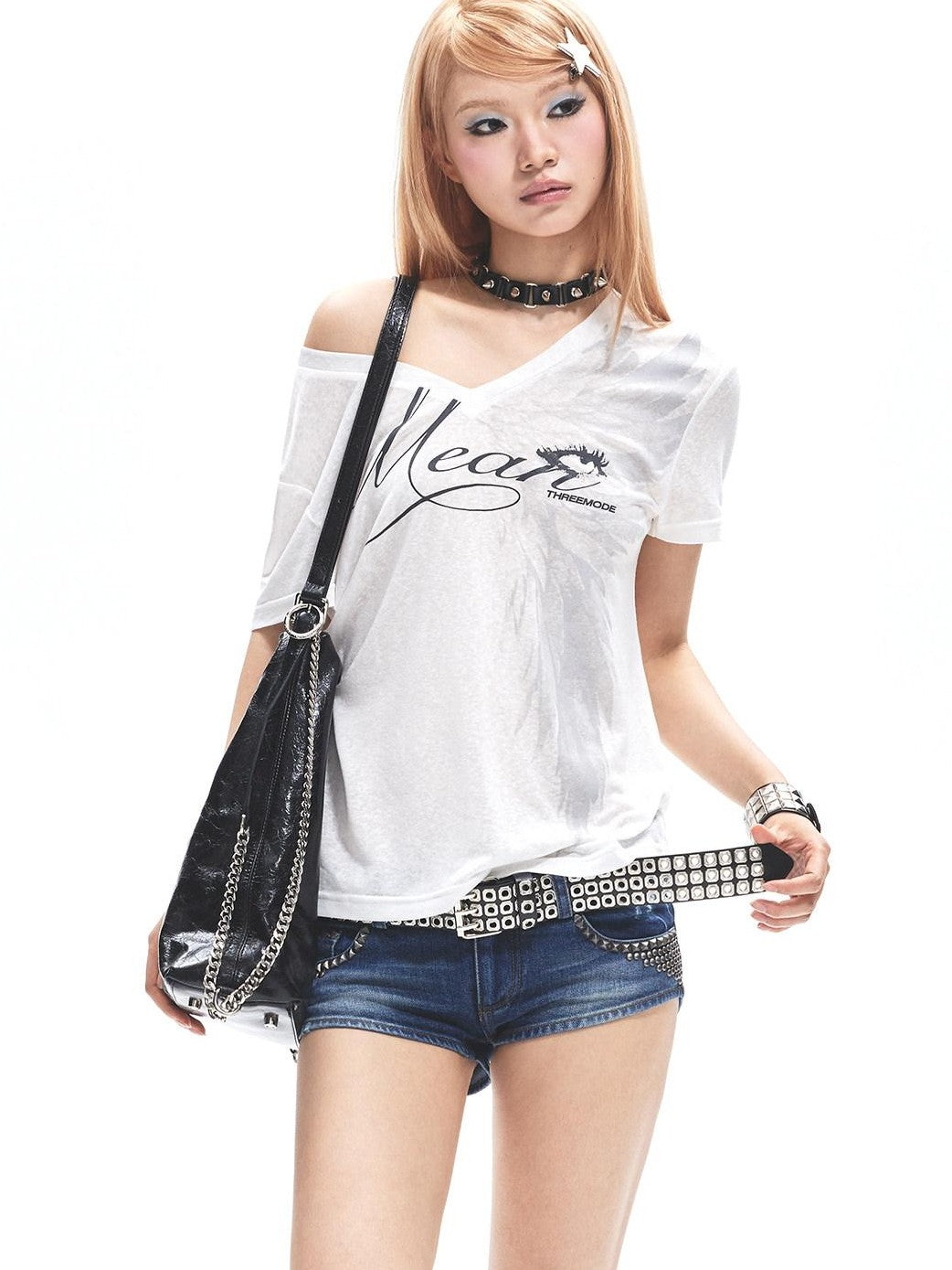 3MODE White Letter Print Asymmetric Shoulder V-neck Women&