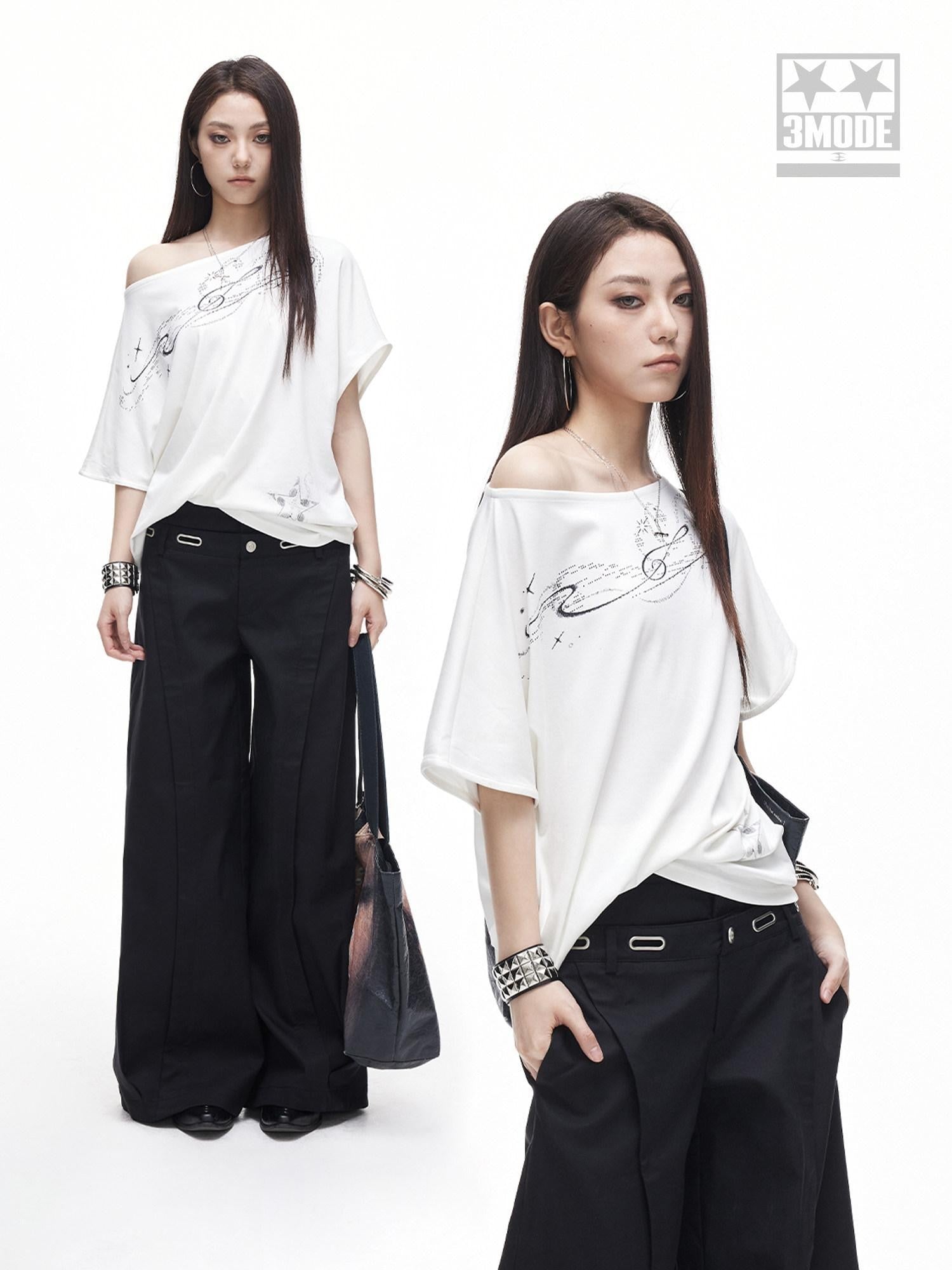 3MODE White Letter Print Slanted Neck Relaxed Fit Women&