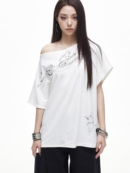3MODE White Letter Print Slanted Neck Relaxed Fit Women&