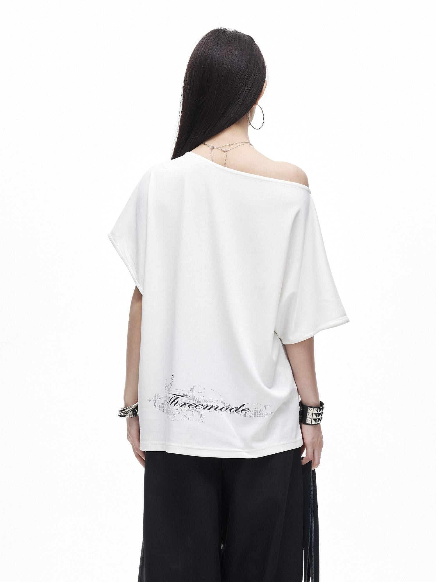 3MODE White Letter Print Slanted Neck Relaxed Fit Women&