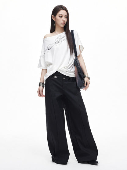 3MODE White Letter Print Slanted Neck Relaxed Fit Women&
