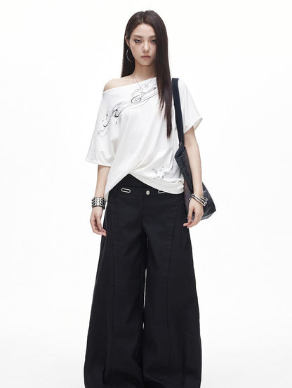 3MODE White Letter Print Slanted Neck Relaxed Fit Women&