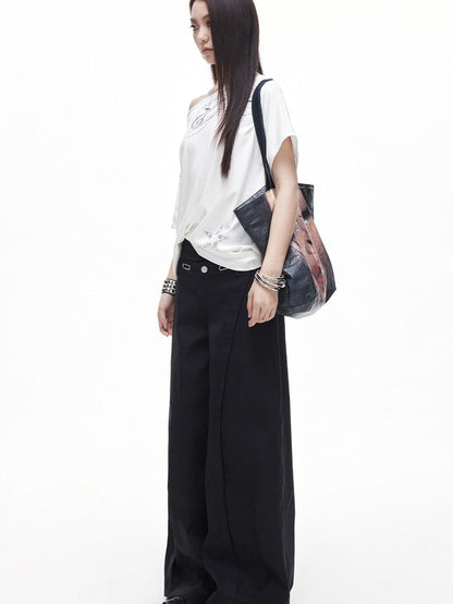 3MODE White Letter Print Slanted Neck Relaxed Fit Women&
