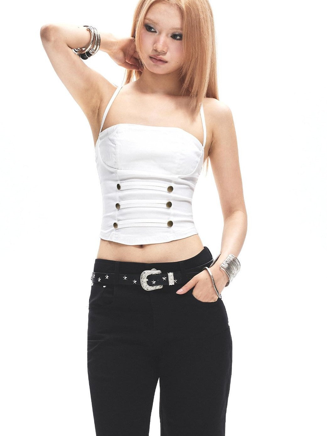 3MODE White Metal Buckle Backless Slim Women&