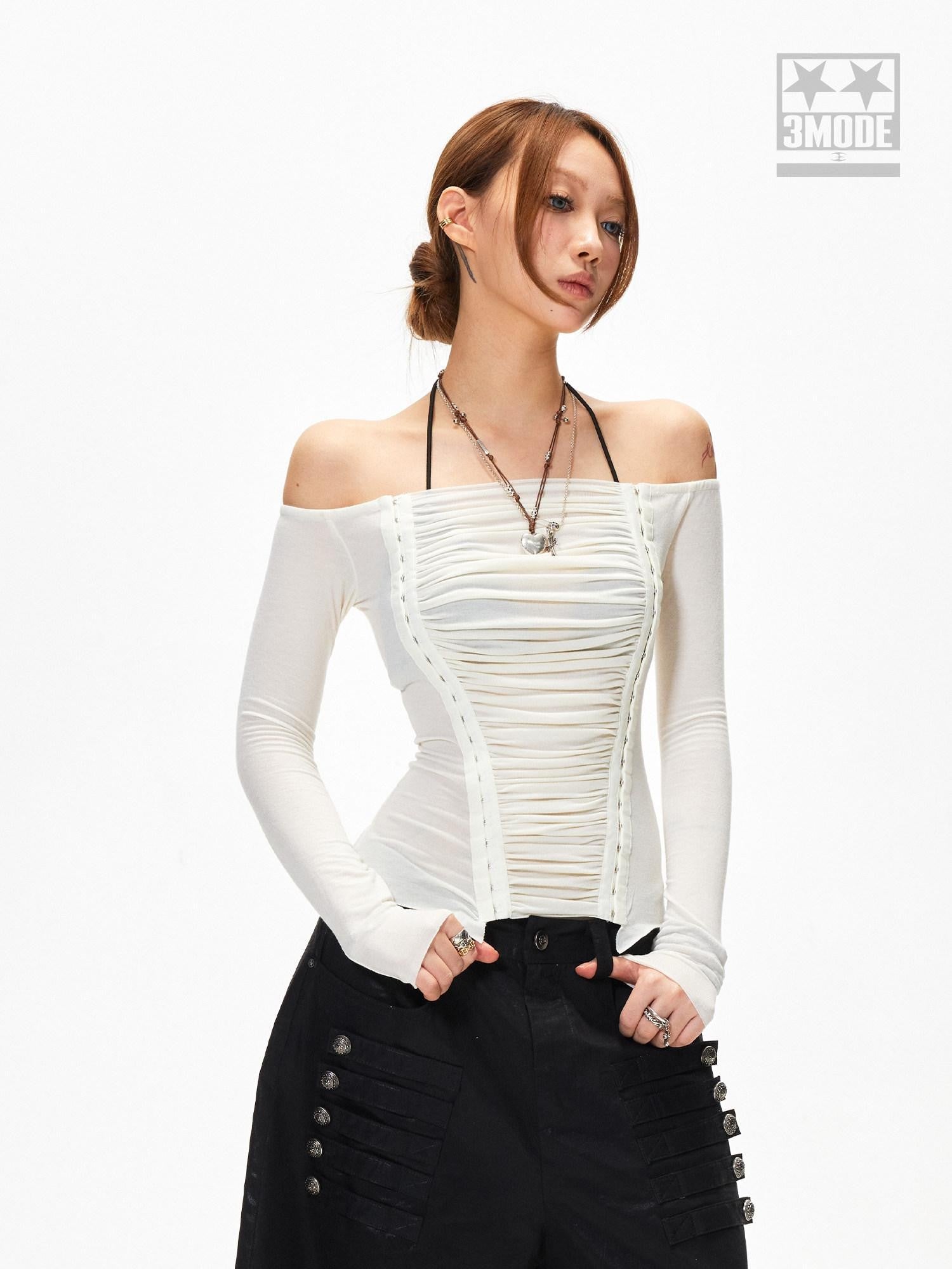 3MODE White Off Shoulder Ruched Slim Fit Women&