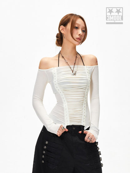 3MODE White Off Shoulder Ruched Slim Fit Women&