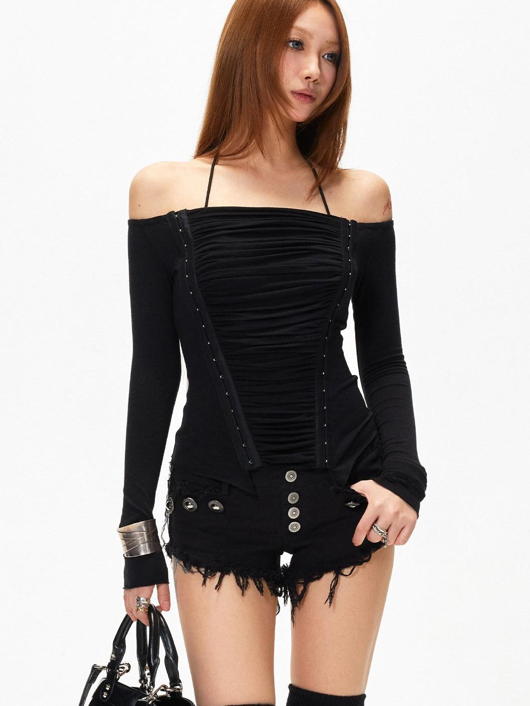 3MODE White Off Shoulder Ruched Slim Fit Women&