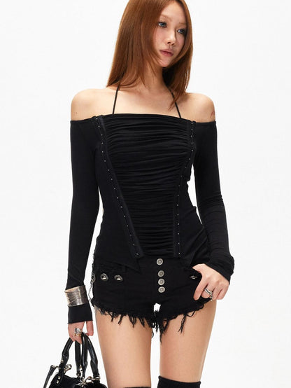 3MODE White Off Shoulder Ruched Slim Fit Women&