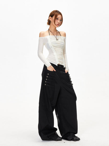 3MODE White Off Shoulder Ruched Slim Fit Women&