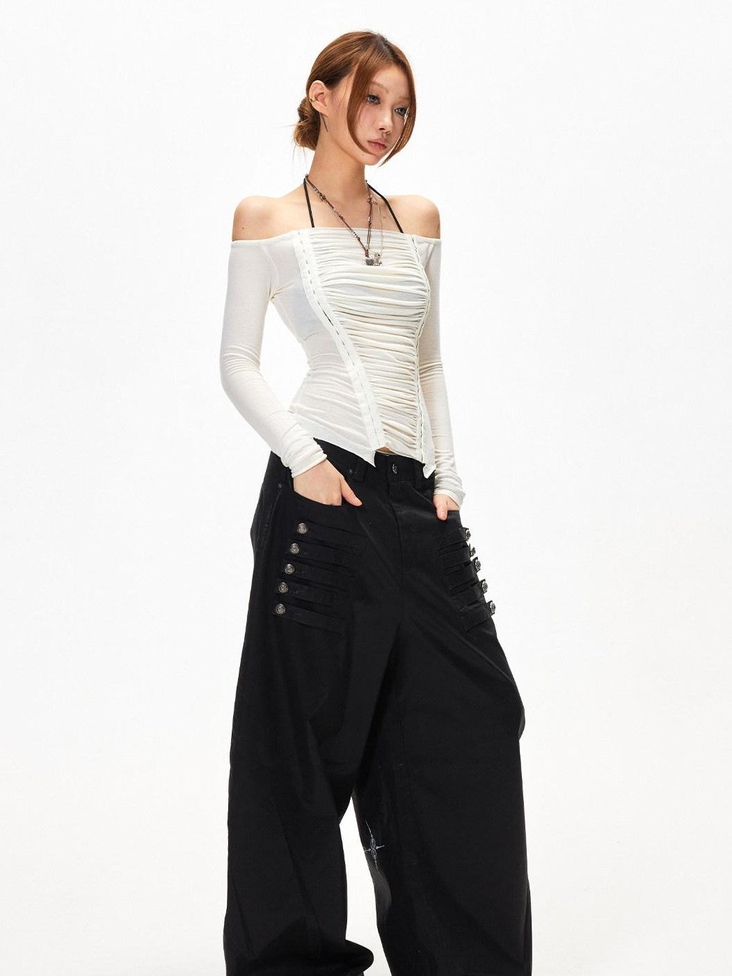 3MODE White Off Shoulder Ruched Slim Fit Women&