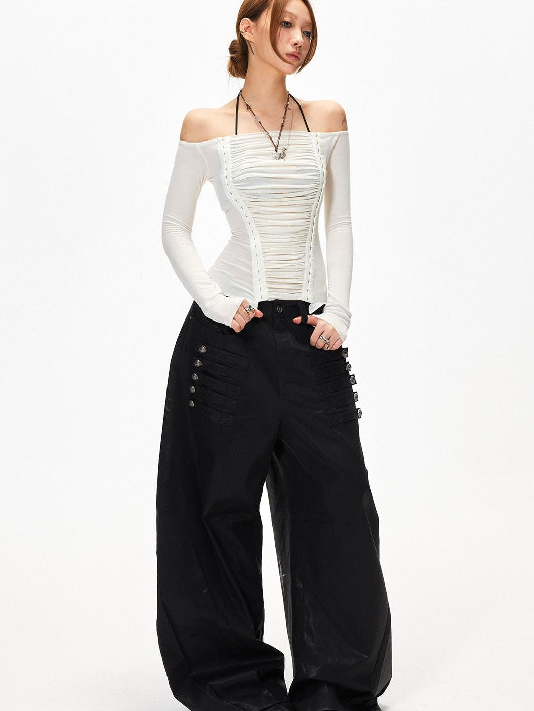 3MODE White Off Shoulder Ruched Slim Fit Women&