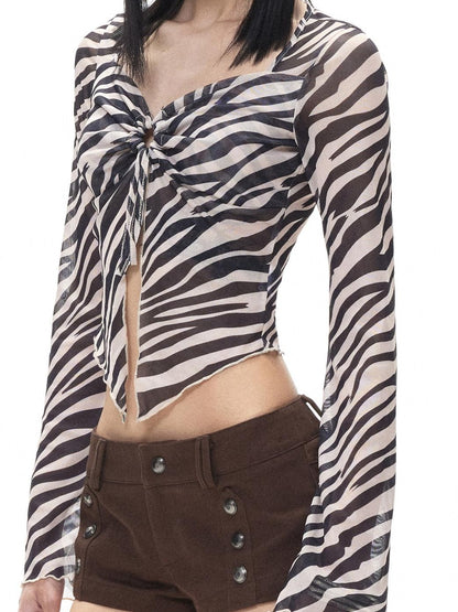 3MODE Zebra Print V-neck Cropped Pullover Slim Fit Women&