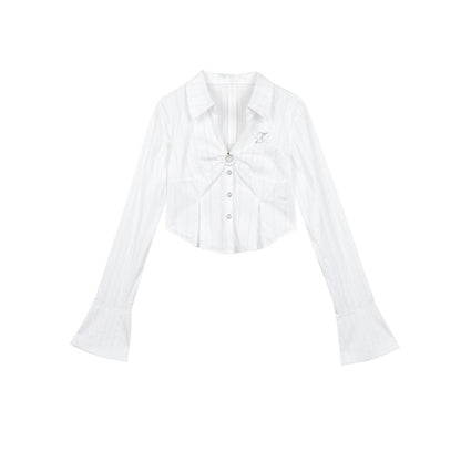 7Shiftin Crop Two Piece Casual Short Length Layered Set For Women Blue White Shirts
