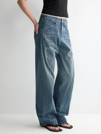 RUN TO THE FUTURE Ripped Washed Durable Low Rise Relaxed Fit Vintage Blue Wide-Leg Jeans