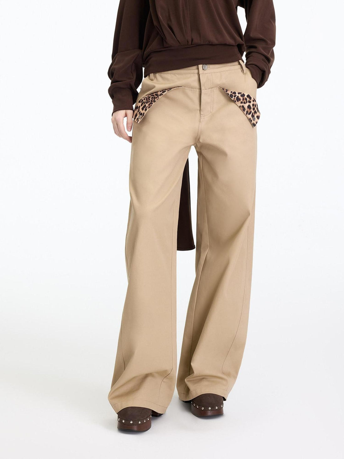 RUN TO THE FUTURE Leopard Patchwork Casual Loose Straight Leg Mid Rise Zip Fly Cotton Khaki Chinos