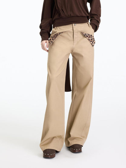 RUN TO THE FUTURE Leopard Patchwork Casual Loose Straight Leg Mid Rise Zip Fly Cotton Khaki Chinos