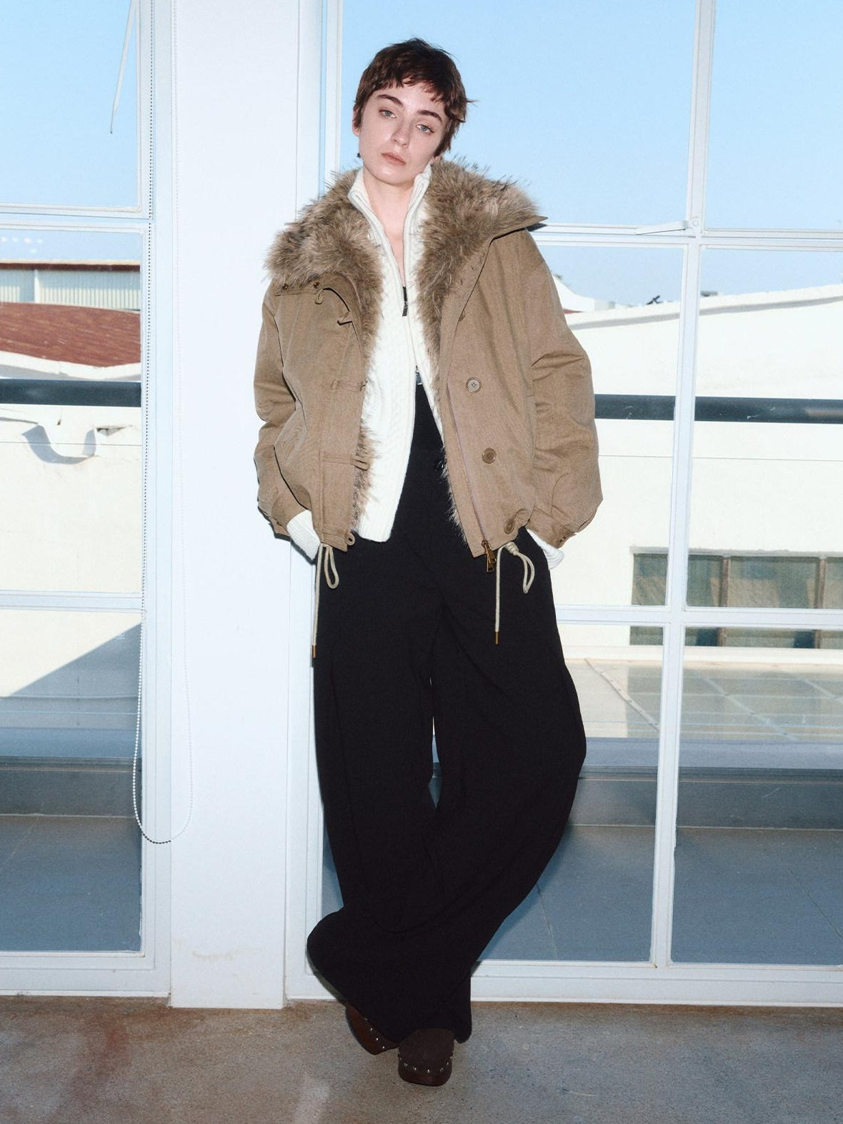 RUN TO THE FUTURE Thick Cotton Fill Fur Collar Loose Fit Commuter Solid Zip Puffer Jackets