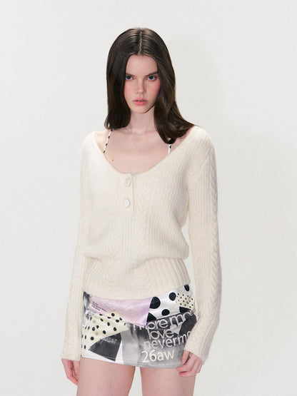 The NeverMore Soft Vintage Oversized Button V-neck Pullover Knit Wool Blend Girls Sweaters