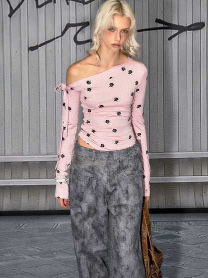 The NeverMore Soft Casual Slim Fit Pink Rose Floral Lyocell Women Long Sleeve Crop Tops