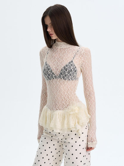 The NeverMore High Stretch Nylon Lace Vintage Slim Layered For Women Long Sleeve Crop Tops