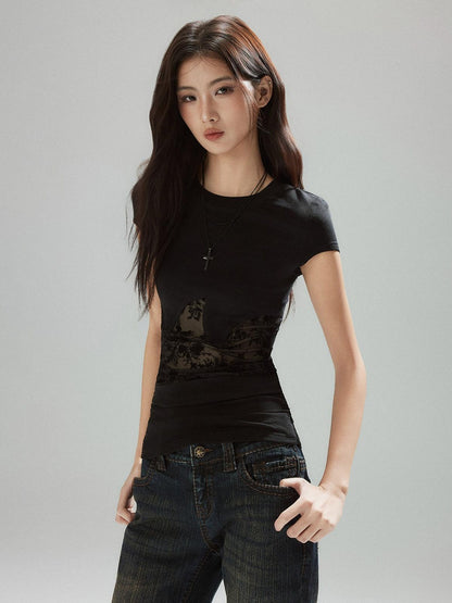 Low pixel Lyocell Slim Street Patchwork For Women Round Neck Short Sleeve T-Shirts