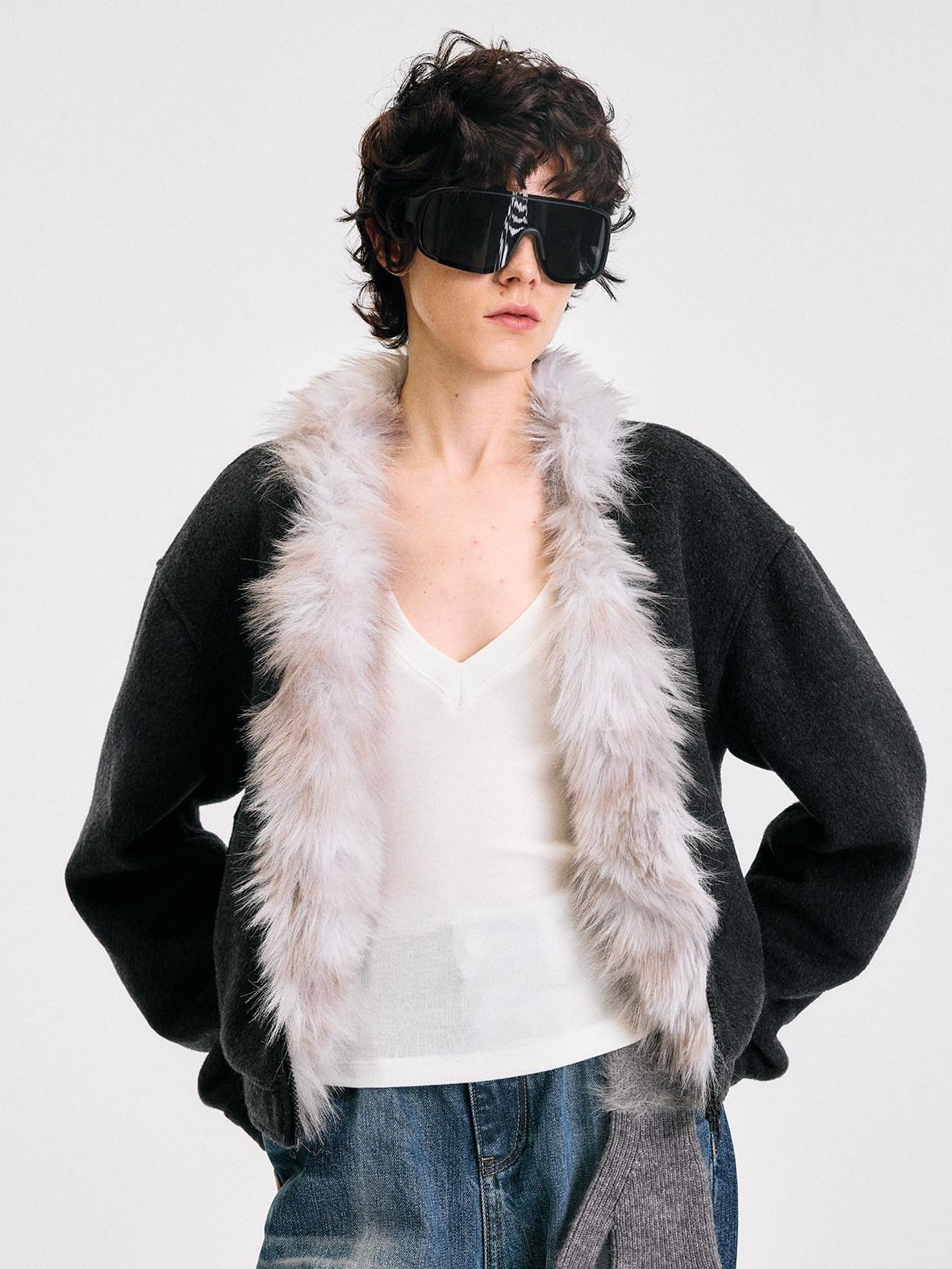 RUN TO THE FUTURE Warm Thick Patchwork Casual Zip Front Fur Collar Women Black Cardigans