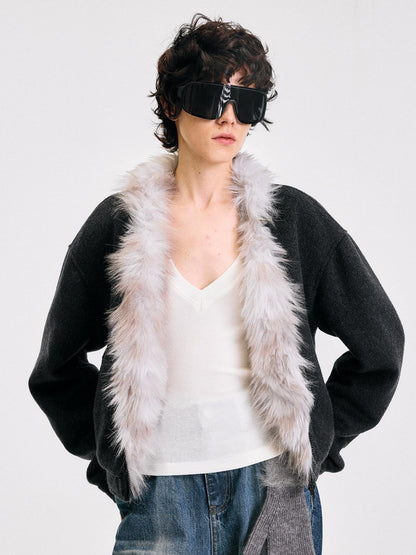 RUN TO THE FUTURE Warm Thick Patchwork Casual Zip Front Fur Collar Women Black Cardigans