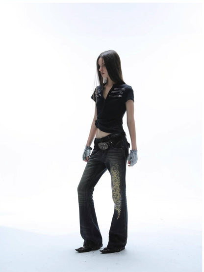 DoublePunch Baroque Print Distressed Micro Flare Women&
