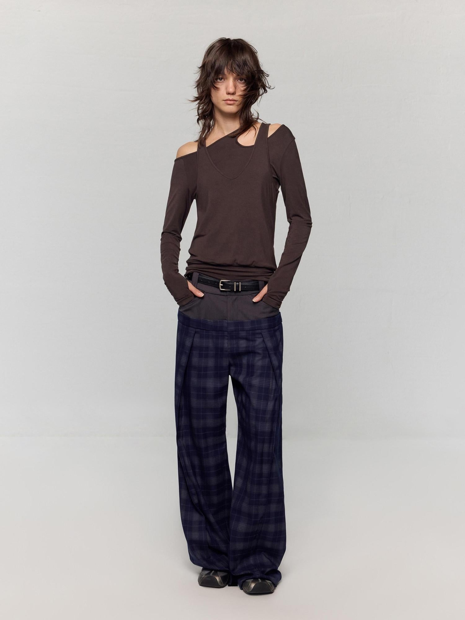 RUN TO THE FUTURE Original Double Waist Pockets Low Rise Wide Leg Women Blue Grey Plaid Chinos