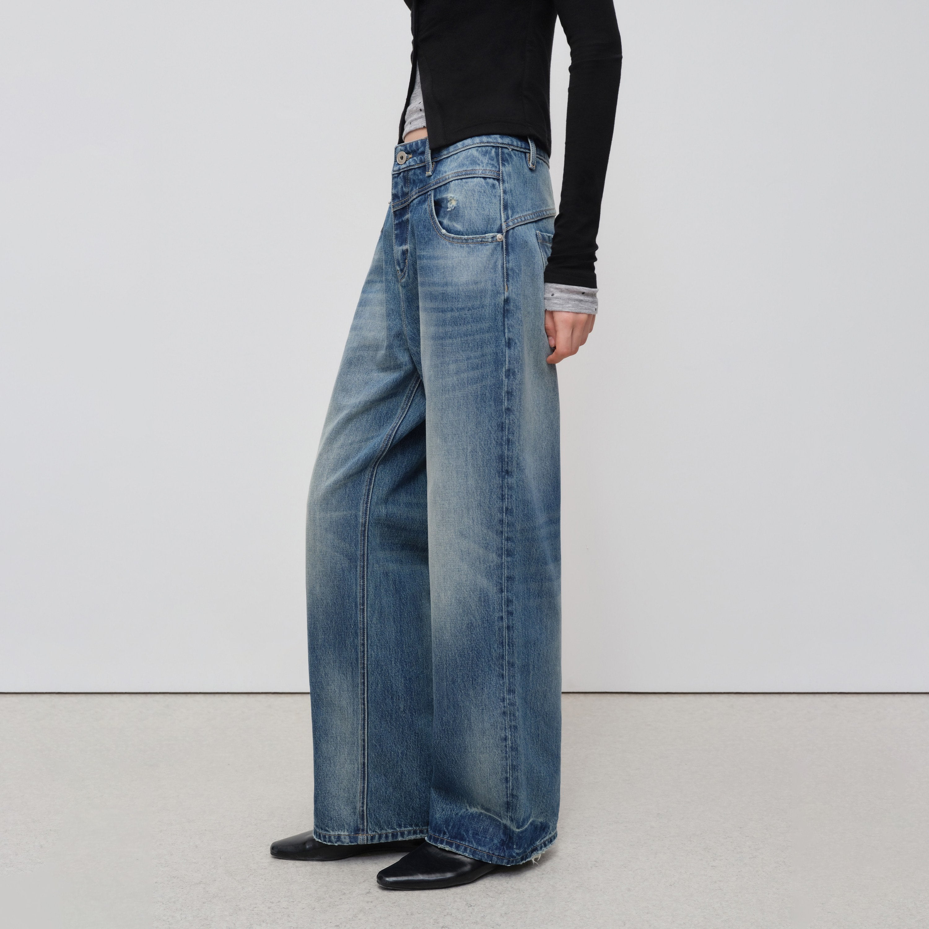 RUN TO THE FUTURE Vintage Washed Cotton Natural Waist No Stretch Ladies Blue Straight Jeans