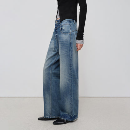 RUN TO THE FUTURE Vintage Washed Cotton Natural Waist No Stretch Ladies Blue Straight Jeans