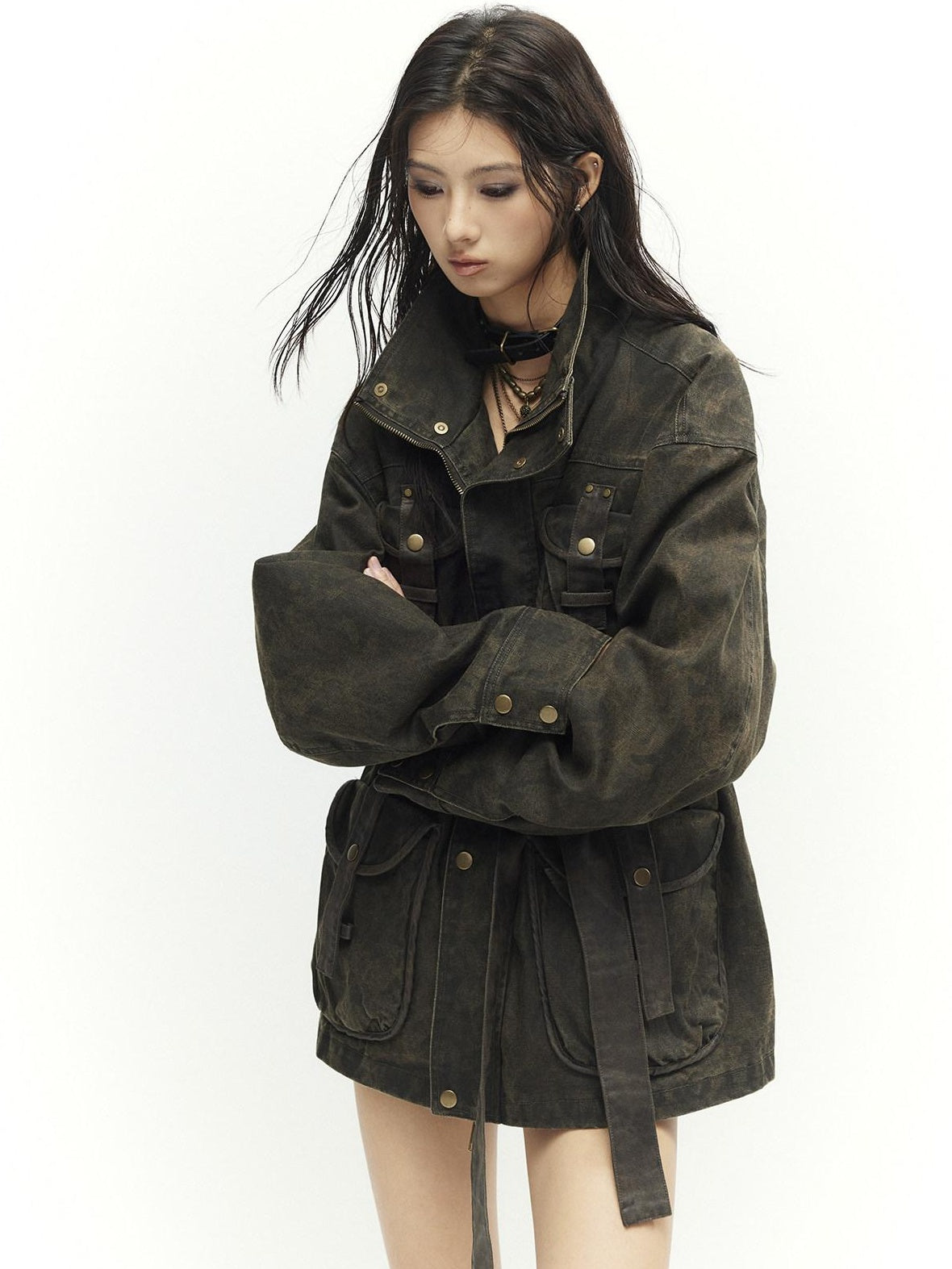 Low pixel Insulated Utility Slim Multi Pocket Stand Collar Women Cropped Jackets