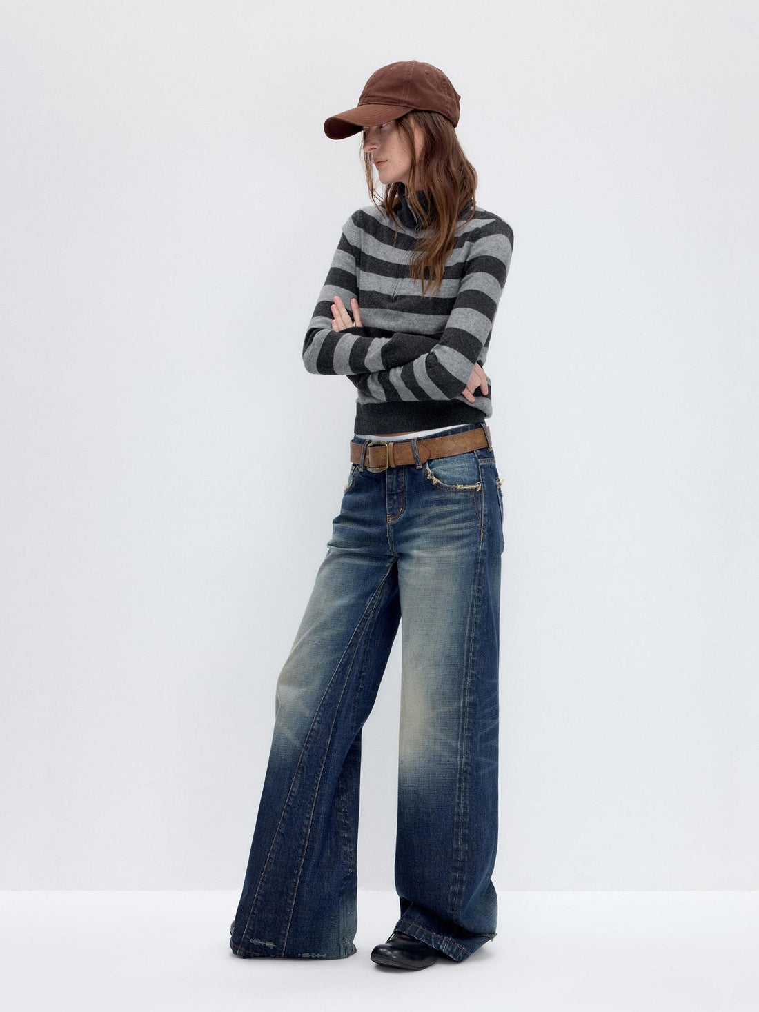 RUN TO THE FUTURE Washed Deep Navy Low Rise Loose Fit Casual Denim Wide Leg Straight Jeans